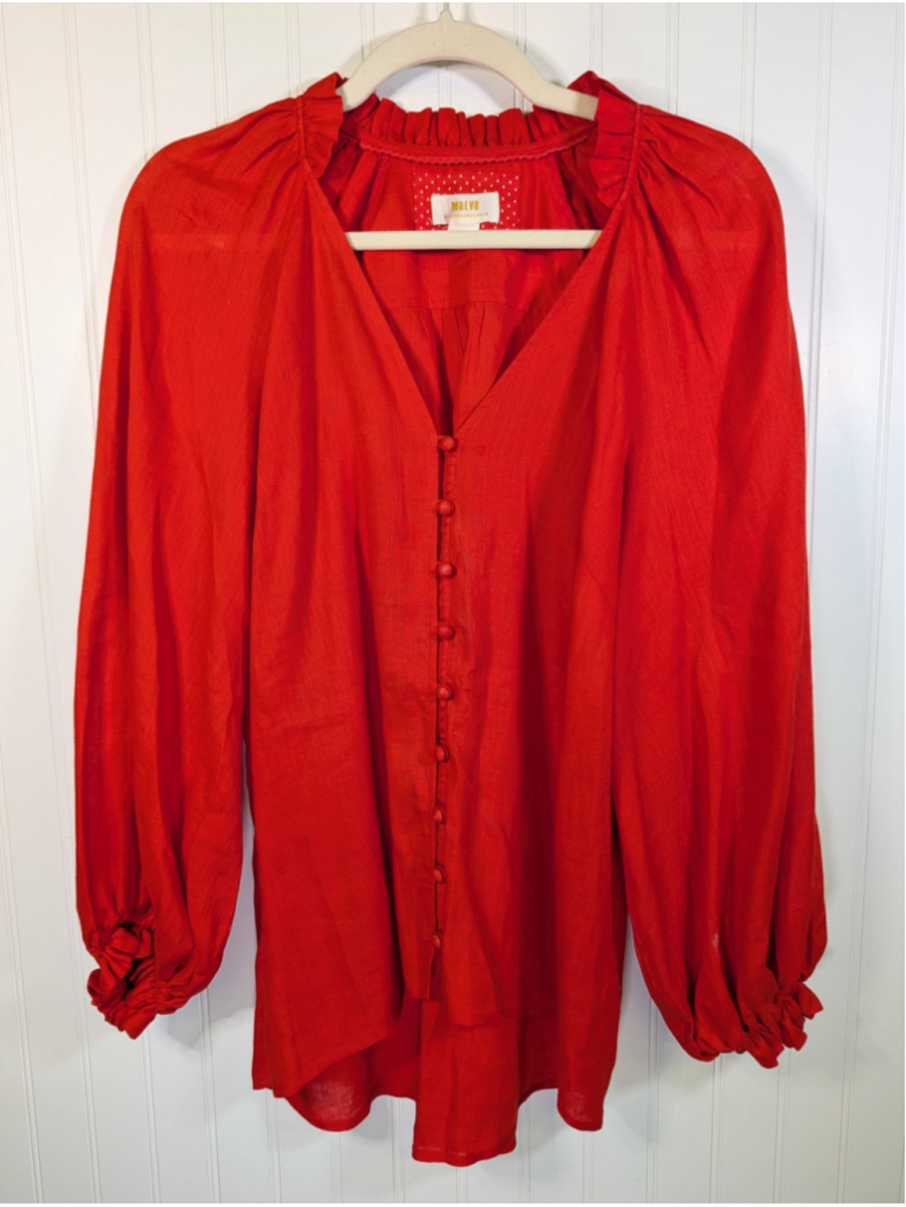Anthropologie Maeve Audie Linen Blouse Red Orange Button Up Ruffle Peasant Top S